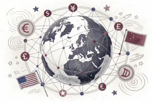 A digital globe surrounded by a web of interconnected lines, representing the global interest in geopolitical markets over elections.