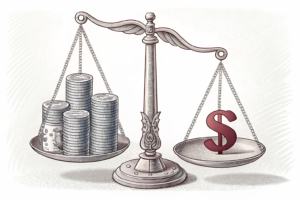 A towering scale weighing a stack of digital coins, with a small portion tipping towards a healthcare symbol.