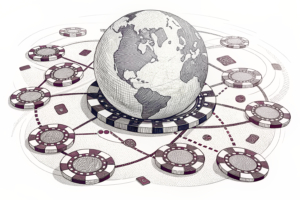 A digital globe surrounded by a network of interconnected betting chips symbolizes the success and profitability of a multinational company during a major international sports event.