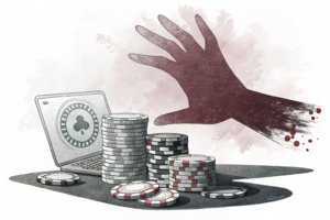 A giant hand casts a shadow over a fading stack of digital coins, symbolizing the crackdown on illegal online gambling operations.