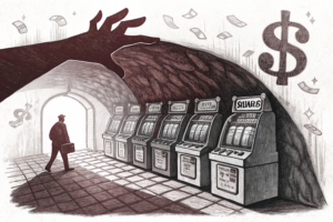 A massive hand casts a shadow over a hidden entrance to an underground world filled with fading slot machines.