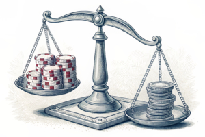A scale balancing between a stack of digital bets and a margin, symbolizing the determination of taxable income for online betting platforms.