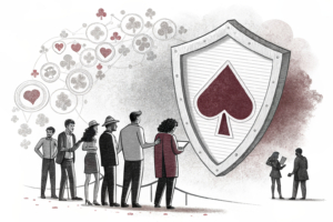 A digital shield blocks access to online gambling platforms, protecting a group of diverse silhouettes representing vulnerable individuals.