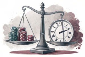 A scale balancing a stack of abstract elements representing different casino locations, while a clock ticks in the background symbolizing the time-sensitive nature of the decision-making process.