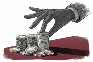 A giant hand hovers over a stack of colorful slot machine reels, casting a shadow of authority and regulation.