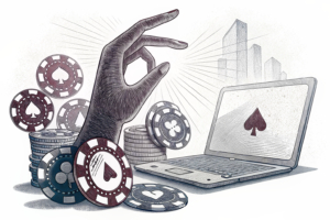 A towering hand casts a shadow over a digital casino, with fading poker chips symbolizing the crackdown on illegal online gambling sites.