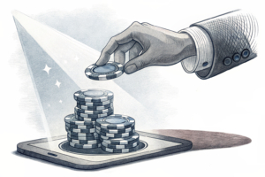 A digital hand restricts access to a stack of virtual gambling chips, while a beam of light shines on a legal betting platform.
