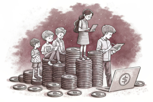 A towering digital barrier separates a group of children from a fading pile of virtual coins, symbolizing protection from online gambling.