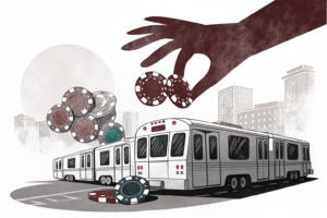 A large, shadowy hand casts a looming shadow over a fleet of public transport vehicles, as digital gambling chips slowly vanish into thin air.