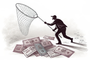 A shadowy figure casts a net over a group of fading digital lottery tickets, symbolizing the crackdown on illegal gambling practices.