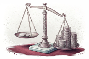 A scale with a heavy weight on one side and a stack of fading digital coins on the other side.