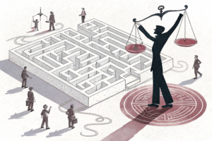 A maze of interconnected, shadowy figures manipulate a web of digital assets, while a looming hand of justice casts a shadow over their illicit operations.