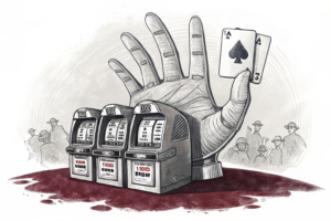 A giant hand restricts a group of slot machines, representing coercion and extortion in commercial establishments.