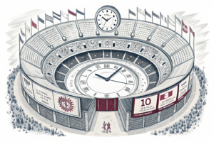 A digital arena where a clock ticks down, representing the intense moments before a match, surrounded by layers of different ad formats for betting advertisers.