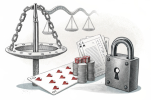 A locked gate blocks a path to a digital casino, while a scale measures the weight of a stack of student loan papers.
