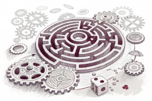 A digital labyrinth with interconnected gears symbolizing the responsible use of artificial intelligence and digital technologies in the gambling industry.