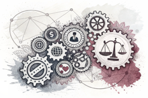 A diverse collection of interconnected gears symbolize the harmonious coordination between state and autonomous regulatory frameworks in the gaming sector.