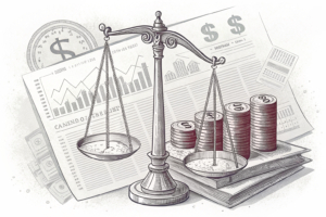 A scale balancing a stack of digital coins and a group of economic indicators against a backdrop of regulatory documents.