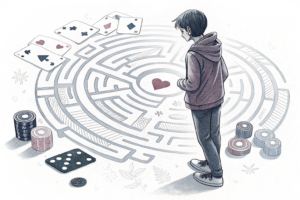 A digital maze surrounds a young figure, symbolizing the risks of online gambling and youth gambling addiction.