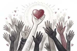 A group of diverse hands reach out to support a glowing heart surrounded by a circle of light.