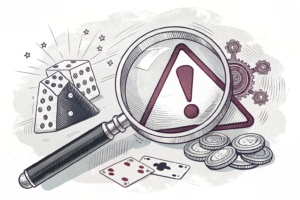 A giant magnifying glass focuses on a warning sign surrounded by fading gambling symbols.