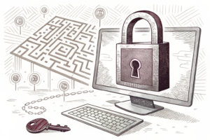 A large lock hovers over a computer screen, blocking access to a maze of digital pathways, symbolizing restricted online content.