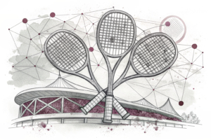 A network of interconnected tennis rackets forms a complex structure, symbolizing the upcoming sports event and the construction progress.