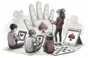 A group of children are surrounded by digital devices displaying gambling symbols, while a giant hand tries to shield them with a protective barrier.