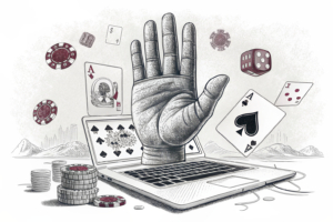 A large, imposing hand restricts a flow of digital data streams representing unauthorized online gambling sites.