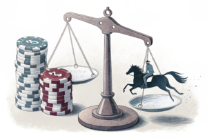 A scale balancing a virtual horse racing game and a stack of sports betting chips, while a shadowy figure tries to tip the balance.