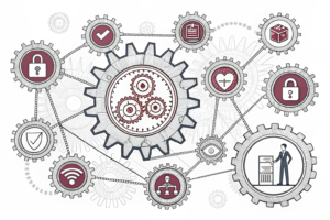A network of interconnected gears symbolizing the technical and security standards required for online lottery operators, with a central gear overseeing the process.