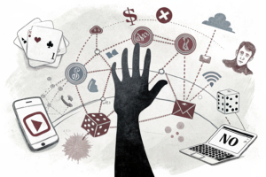 A hand casts a shadow over a diverse array of communication channels, from traditional media to digital platforms, symbolizing the proposed ban on gambling advertising in the province.