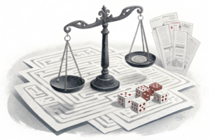 A scale balancing traditional gambling games and digital online betting, while a maze of legal documents surrounds them.