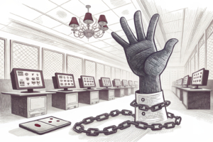 A giant hand casts a shadow over a room filled with glowing computer screens displaying online gambling games, while a broken chain symbolizes the illegal exploitation of gambling without authorization.