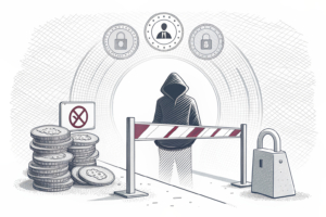 A digital barrier blocks access to a stack of forbidden prediction markets, while a shadowy figure lurks in the background.