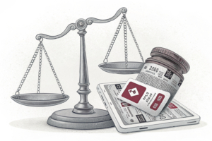 A scale balancing a stack of lottery tickets and digital advertising banners, while a gavel hovers above, symbolizing a legal battle over gambling regulations.
