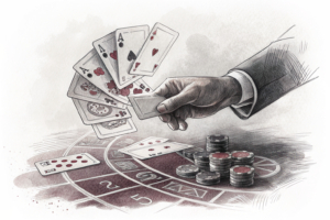 A hand of cards being reshuffled on a casino table, with some cards disappearing into thin air.