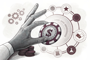 A large hand casts a shadow over a digital casino chip, while a network of interconnected lines symbolizes illicit activities in the online gambling sector.