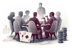 A diverse group of abstract figures gather around a table, symbolizing collaboration between different sectors in the gaming industry.