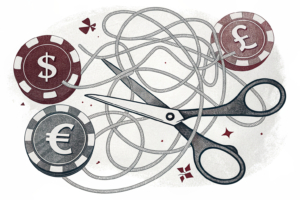 A tangled web of colorful strings connects a series of abstract shapes representing regulated betting entities, while a pair of scissors hovers nearby.