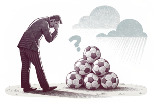 A shadowy figure casts doubt over a crumbling stack of soccer balls, hinting at a cloud of suspicion surrounding a series of unexpected defeats.
