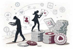 A digital web connects shadowy figures handling virtual wallets amidst a backdrop of social media icons and gambling chips.