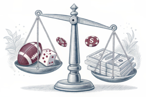A digital scale weighs the balance between financial products and sports betting, with fading gambling symbols on one side and growing financial education icons on the other.