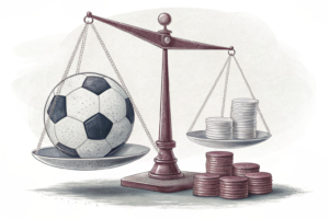 A scale balancing a soccer ball and a stack of coins, with a shadow looming over the ball.