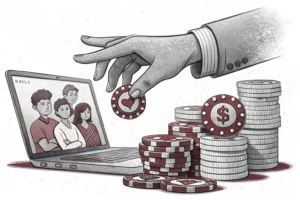 A large digital hand looms over a fading stack of virtual coins, symbolizing the deceptive nature of online gambling among youth.