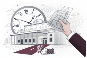A hand holding a blueprint hovers over a casino, with sections being transformed into new spaces while a clock symbolizes the passage of time.