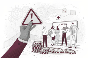 A hand holding a warning sign emerges from a digital casino, while a group of influencers fade into the background.