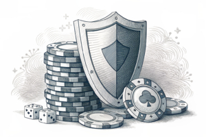 A digital shield of protection surrounds a stack of virtual gaming chips, symbolizing the commitment to responsible gaming and player safety.