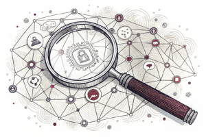 A large magnifying glass hovers over a tangled web of digital connections, highlighting hidden paths and nodes.