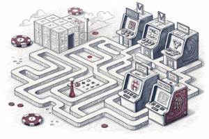 A digital labyrinth of interconnected circuits and virtual slot machines symbolizing the growth of online gambling and slot games in the industry.